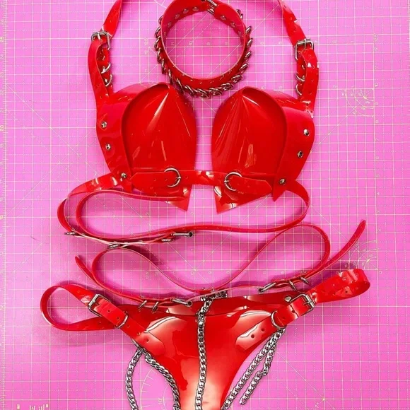 NWOT! The ❤️ RED Bra, Panty, and Collar set,  by Jivomir Domoustchiev Size S - Picture 3 of 3
